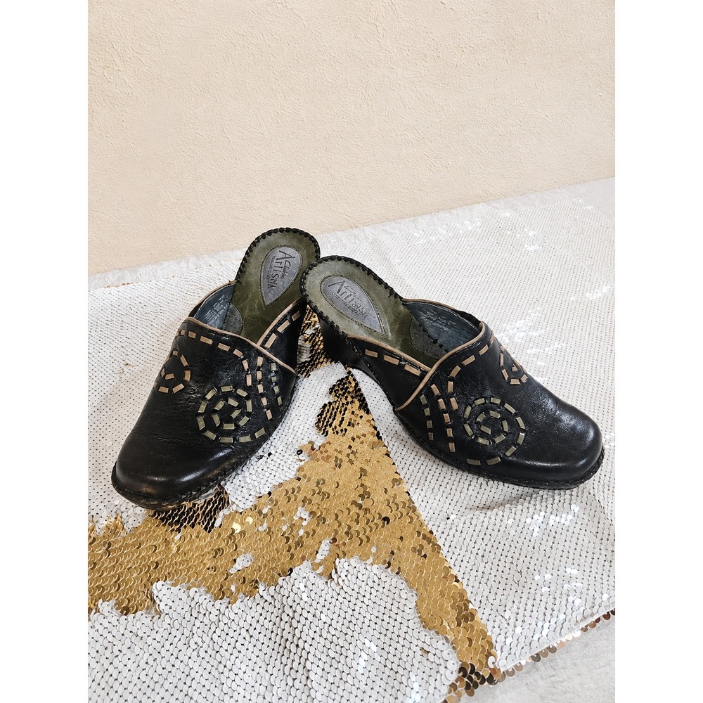 Clarks Artisan Black Leather Mules Slip On Wedge Clogs Boho Womens 7.5 M 72964